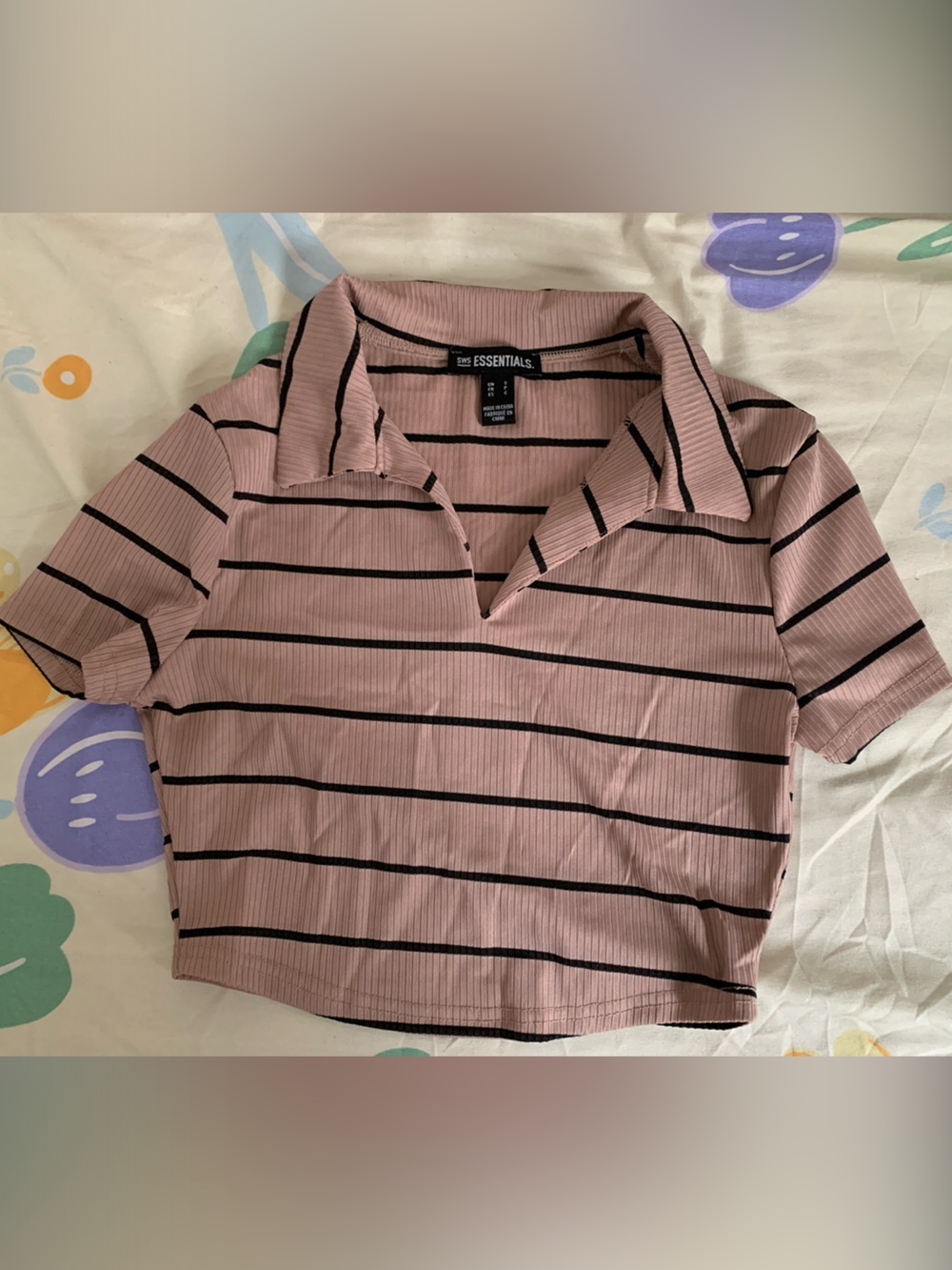 Essentials Pink & Black Striped Ribbed Polo Tee